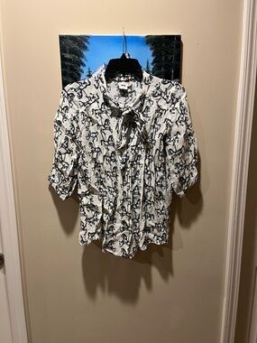 ASOS Cream Shirt with Black All-Over Carousel Horse Print and Tie Neck